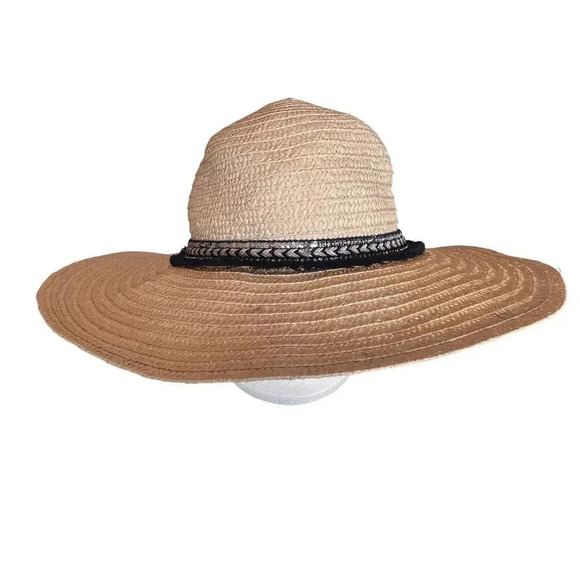Tan wide rim floppy beach hat with navy & silver‎ ribbons - Picture 3 of 7